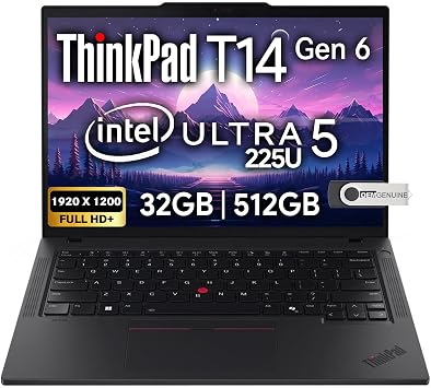 Lenovo ThinkPad T14 Gen 6 Business Laptop 14" FHD+ IPS, Intel Ultra 5 225U, 32GB DDR5 RAM, 512GB SSD, 5MP HD Webcam, Fingerprint, Backlit, Wi-Fi 6E, 2 Thunderbolt 4, AI PC