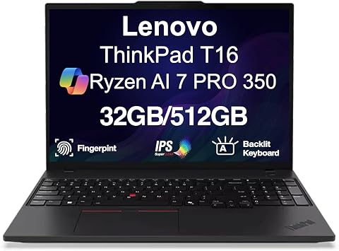 Lenovo ThinkPad T16 Gen 4 Copilot+ Business Laptop 16" FHD+ IPS Display | AMD Ryzen AI 7 PRO 350 (> Ultra 7 255U), 32GB DDR5, 1TB SSD, Backlit KB, Fingerprint, 2 Thunderbolt 4, IR Webcam, Win11Pro
